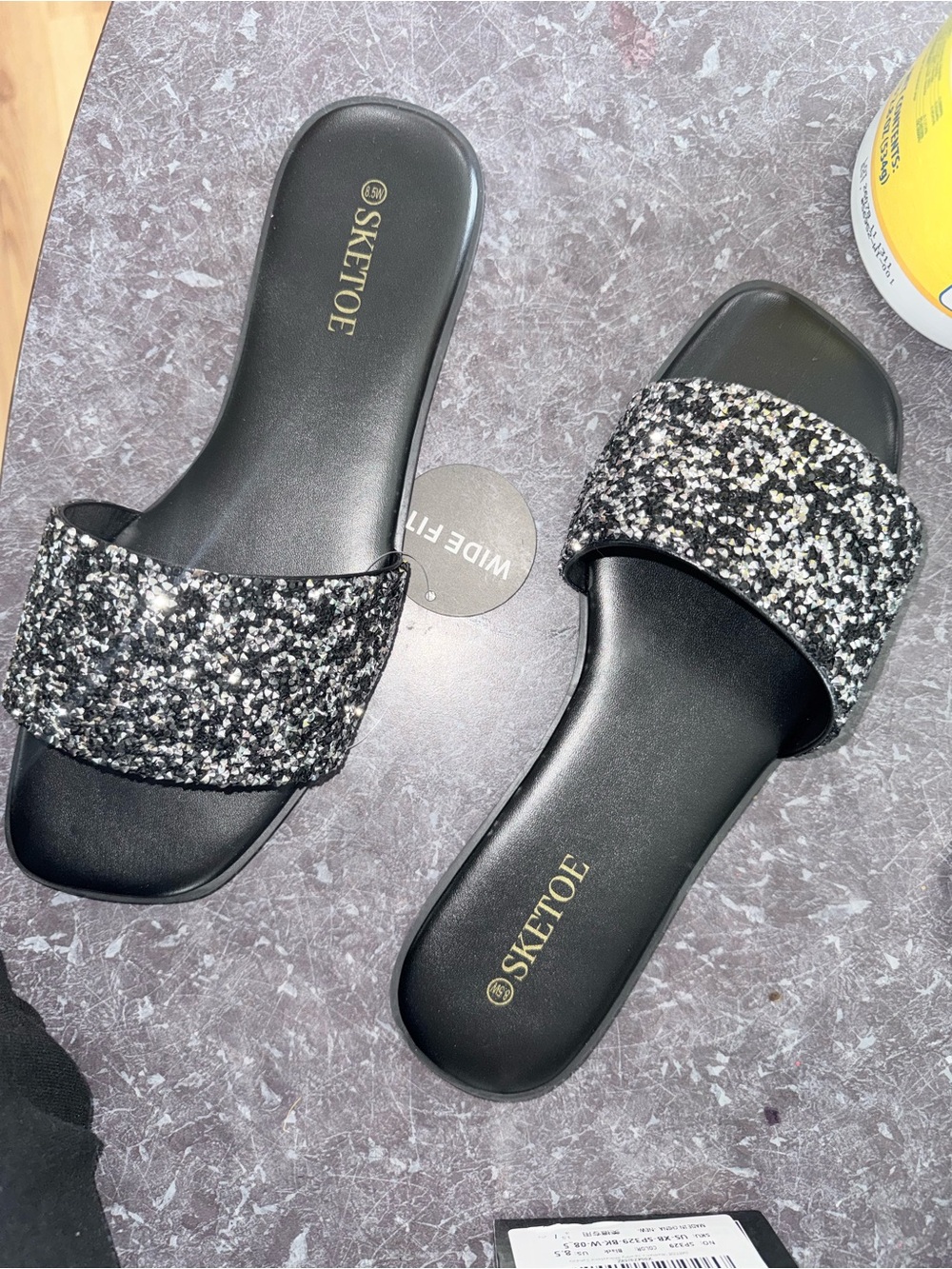 Black Glitter Slide Sandals for Women